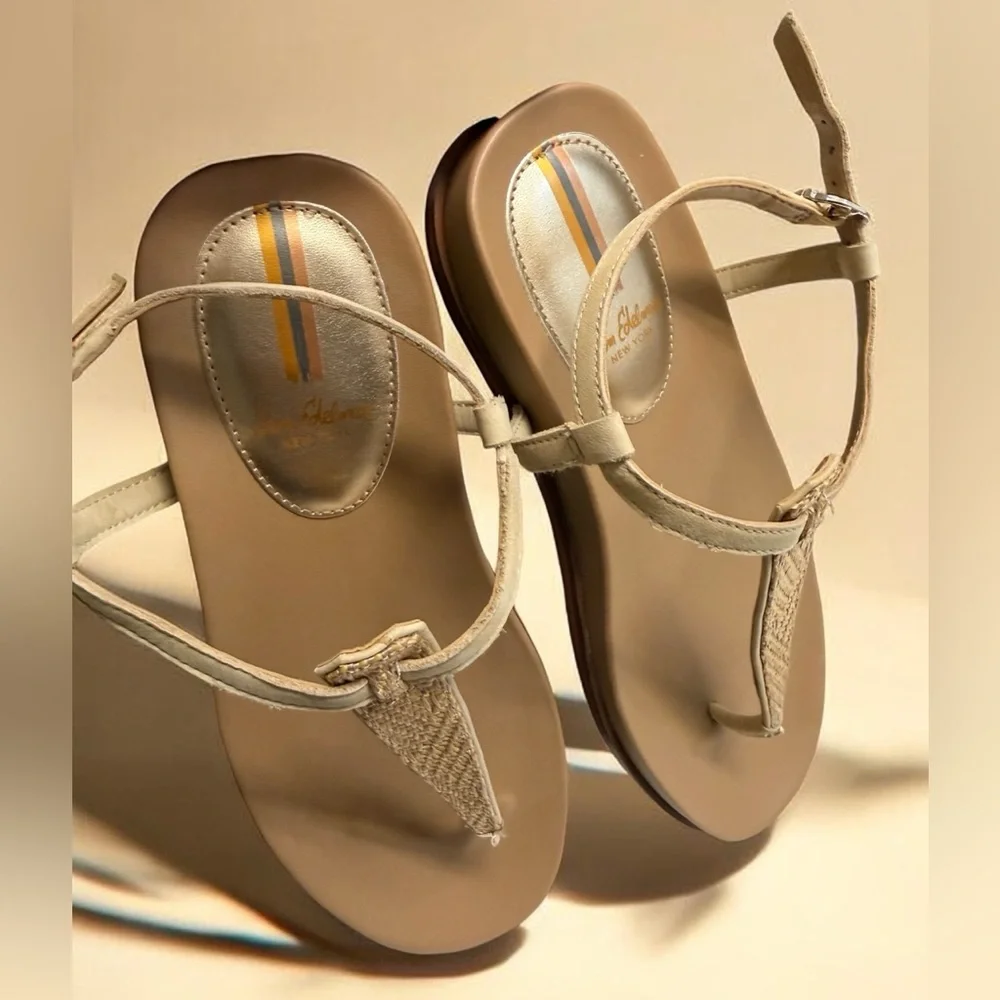 Sam Edelman Naomi Thing Beige Raffia T-Strap Sandals with Gold Accent NWOT